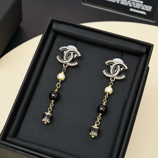 Crystal Logo Drop Earrings — Pearl & Black Bead Chain