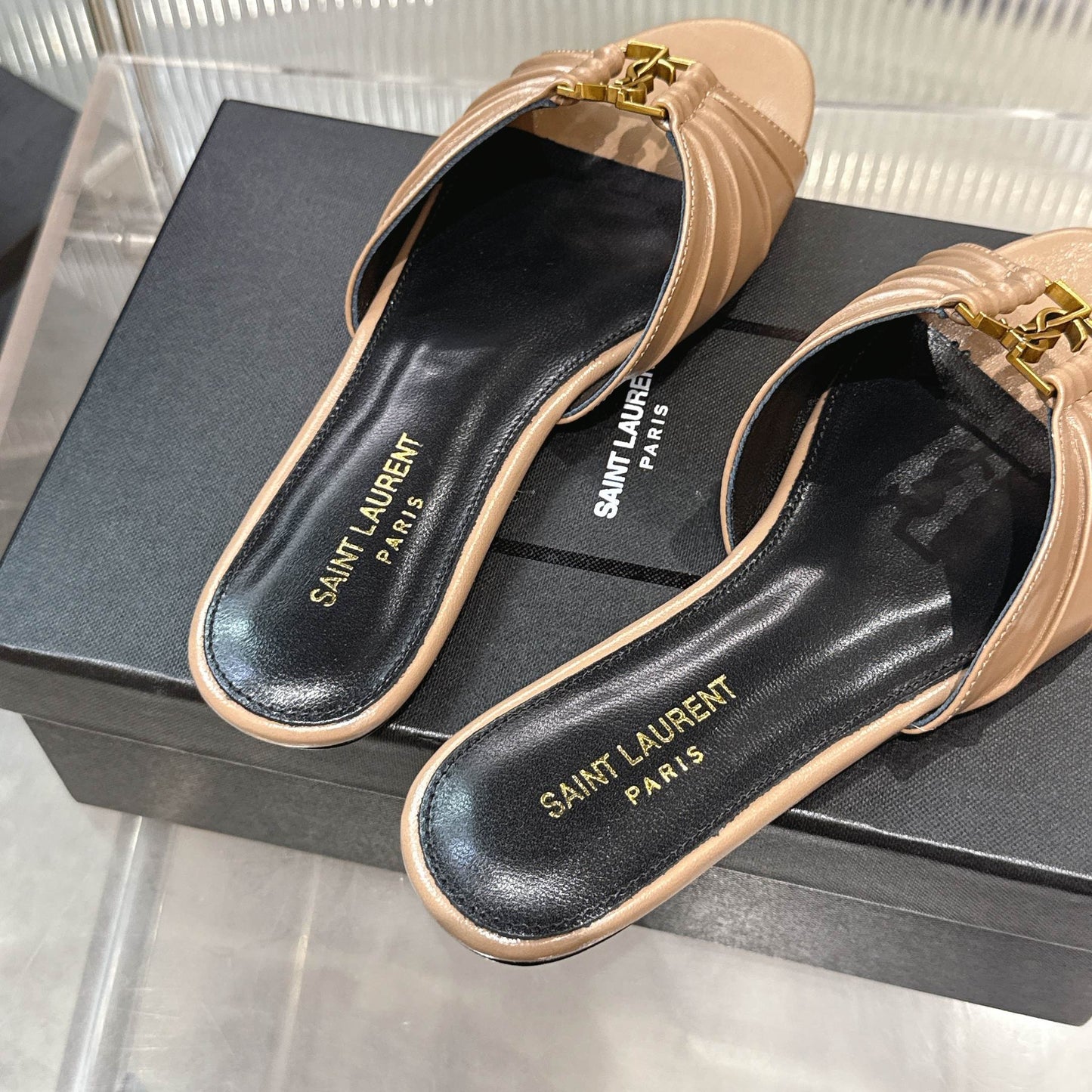 Logo Gold Hardware Flat Slide Mule — Pleated Strap