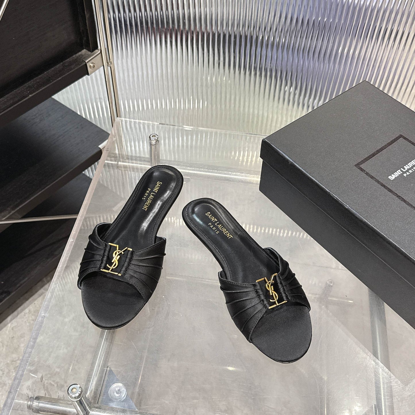 Logo Gold Hardware Flat Slide Mule — Pleated Strap