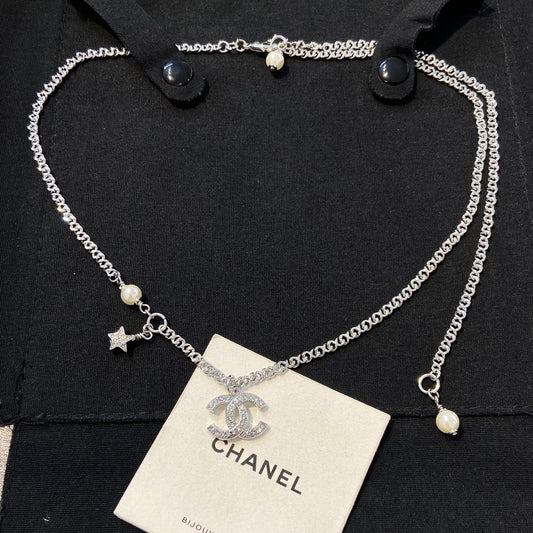 Crystal Logo Pendant Necklace — Silver Chain with Pearl & Star Charms
