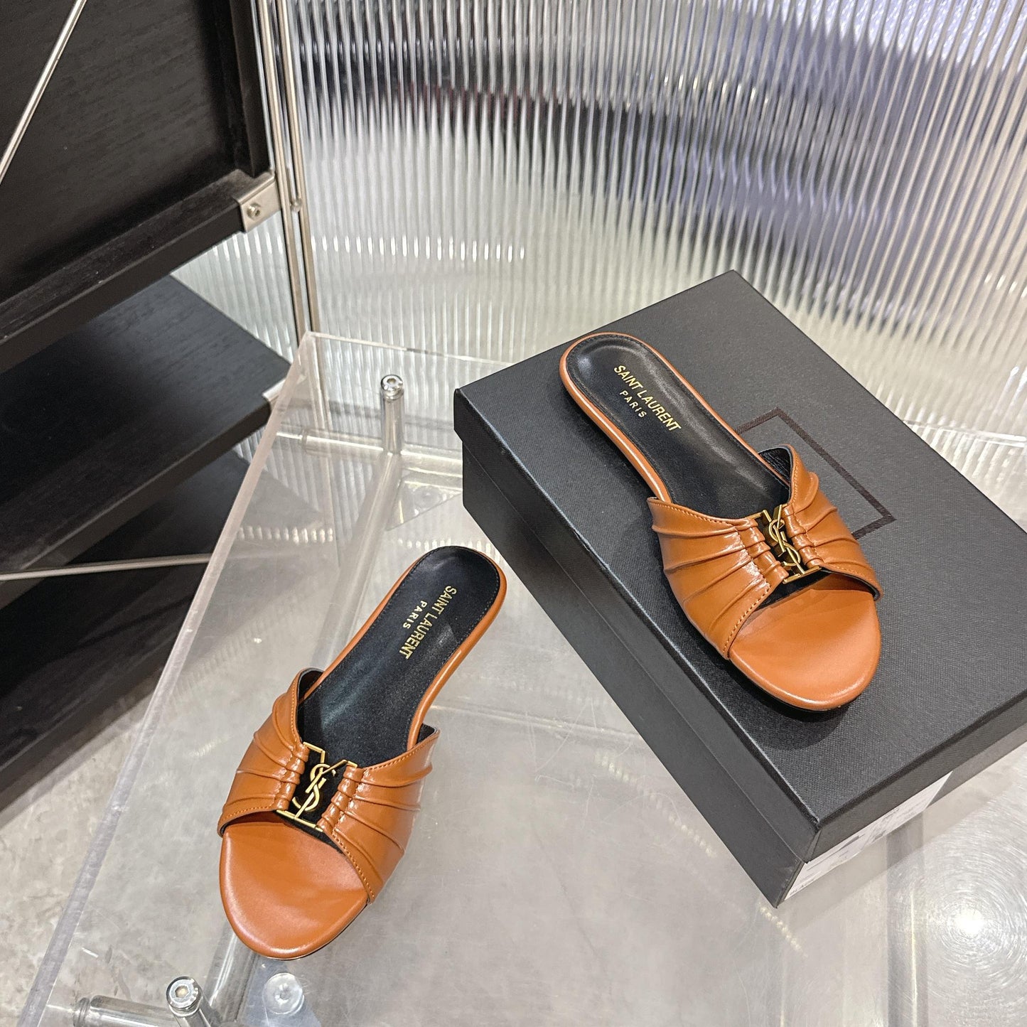 Logo Gold Hardware Flat Slide Mule — Pleated Strap