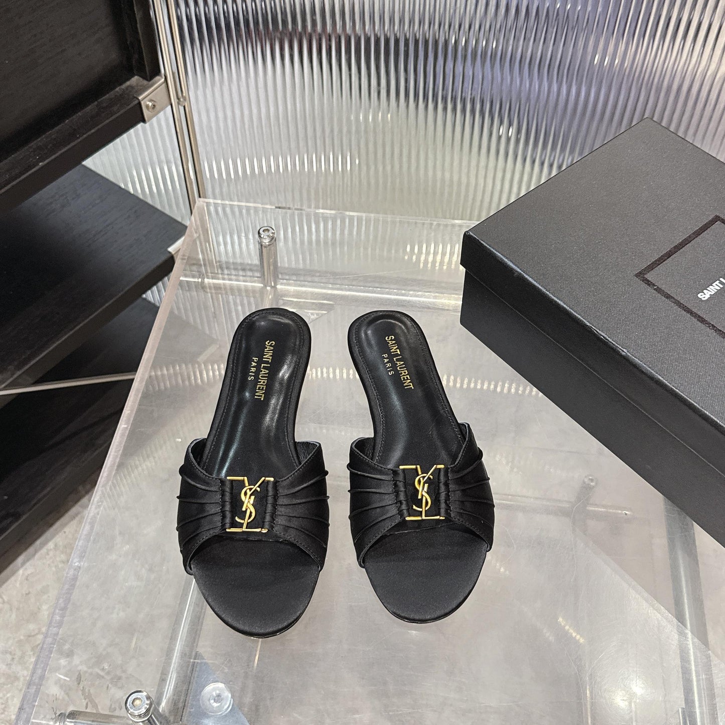 Logo Gold Hardware Flat Slide Mule — Pleated Strap