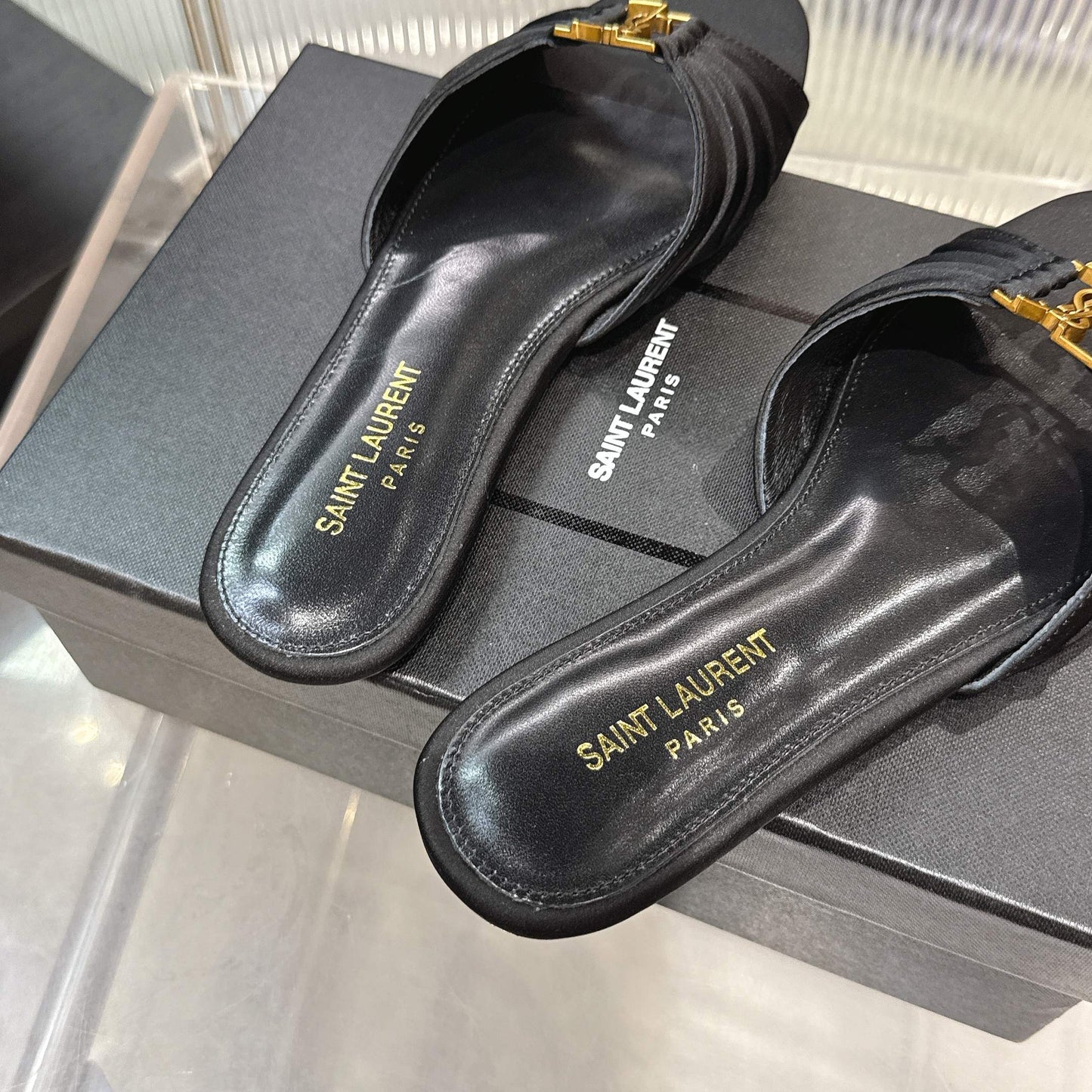 Logo Gold Hardware Flat Slide Mule — Pleated Strap