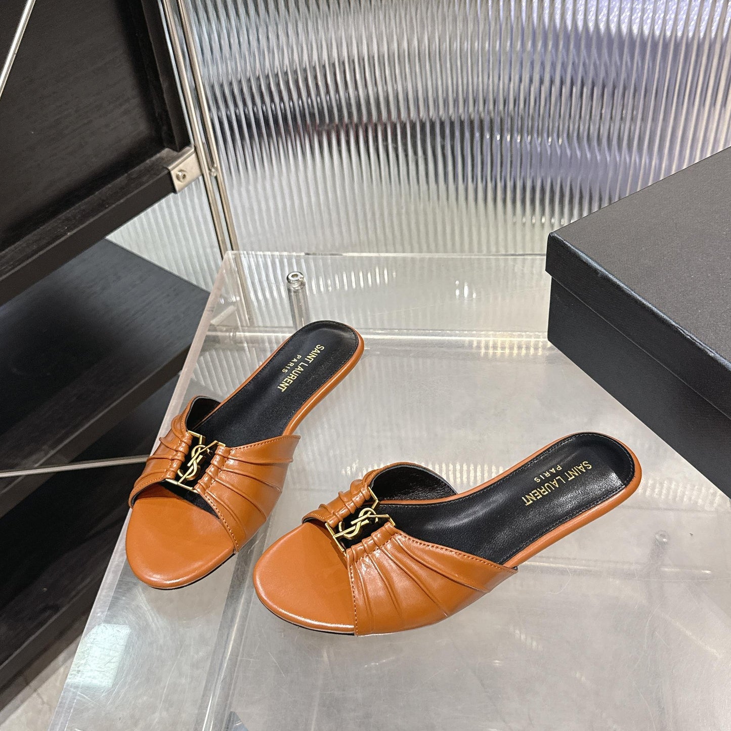 Logo Gold Hardware Flat Slide Mule — Pleated Strap