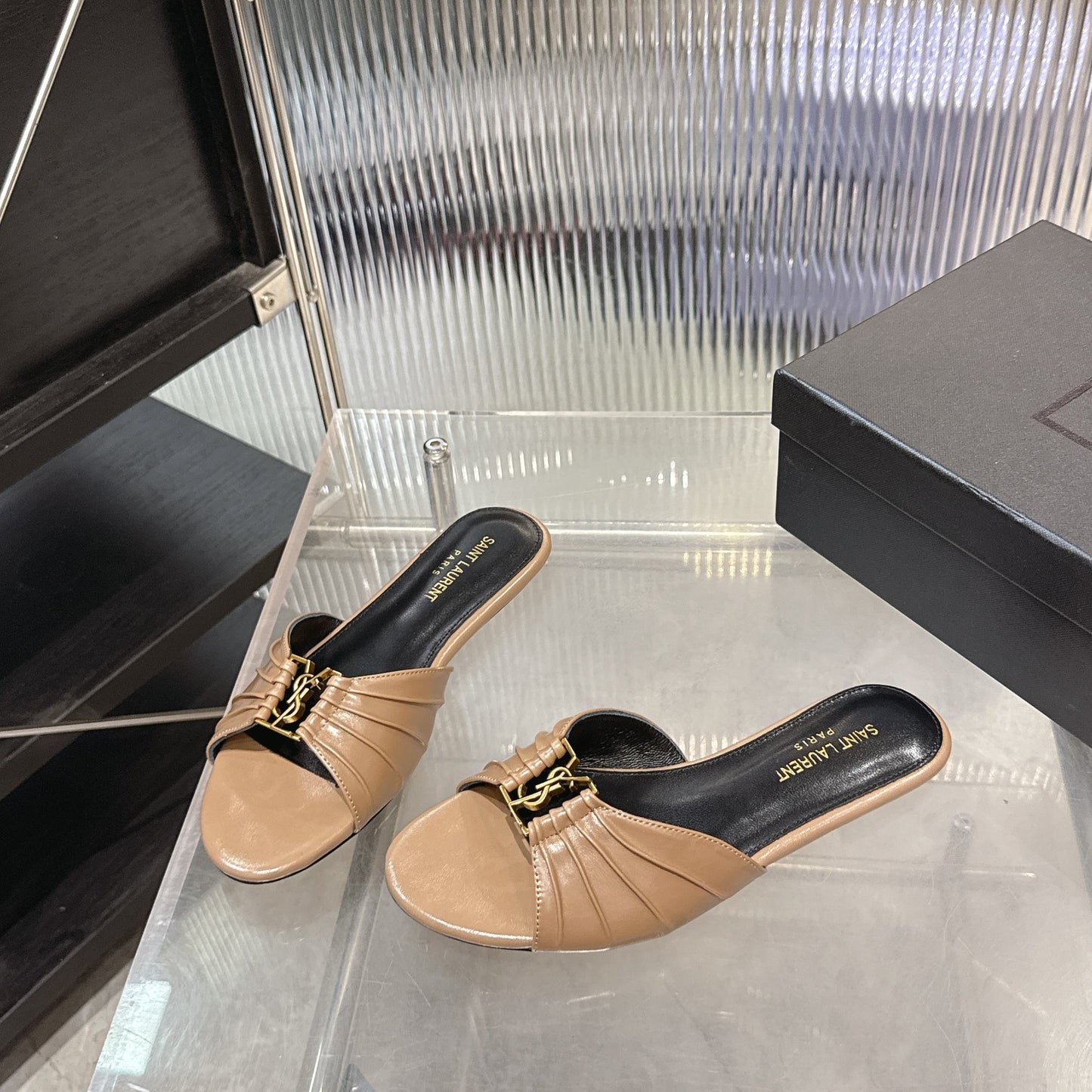 Logo Gold Hardware Flat Slide Mule — Pleated Strap
