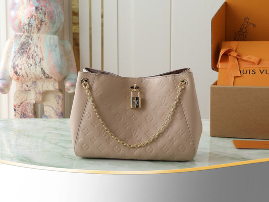 Embossed Monogram Oversized Tote Bag — Gold Chain & Lock Detail
