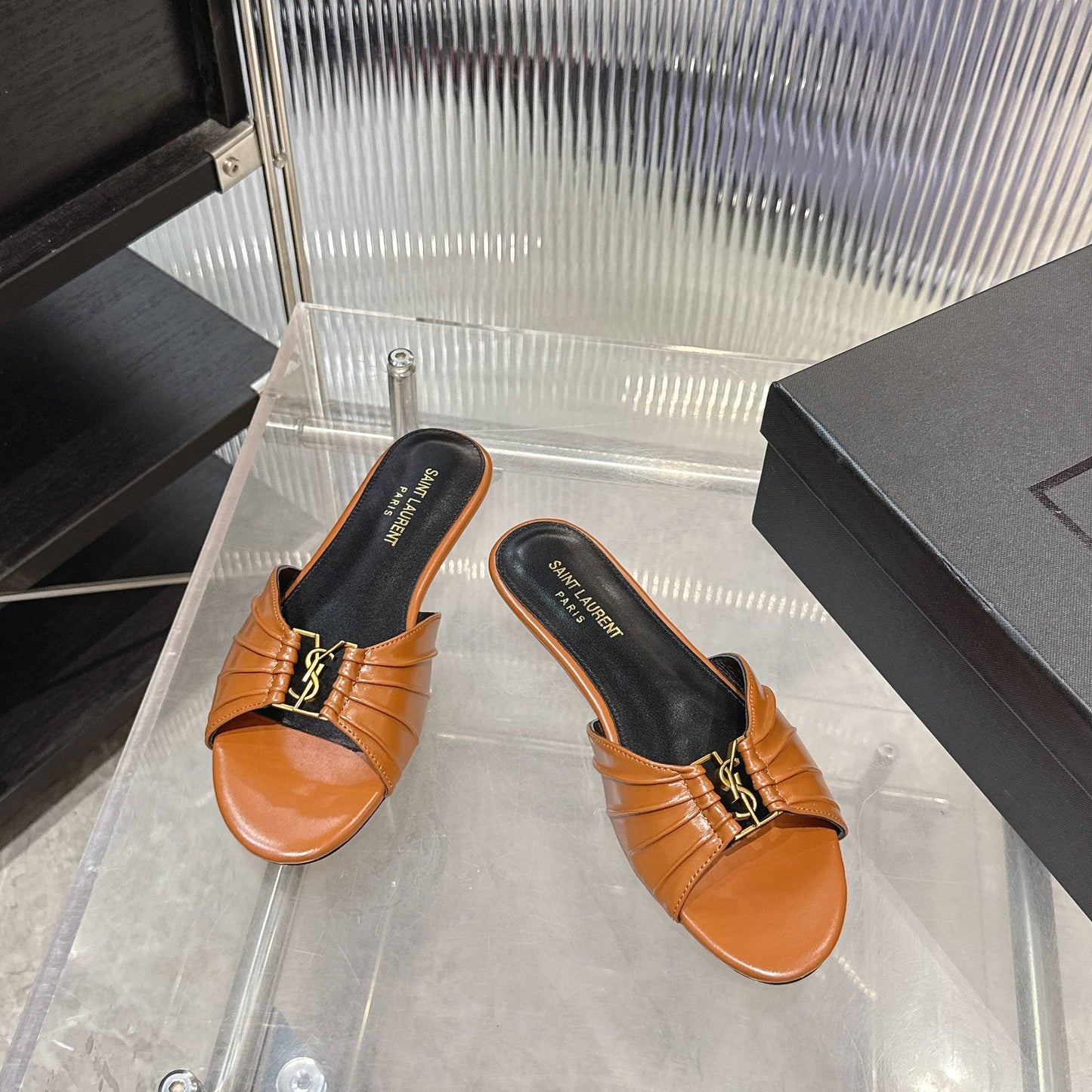 Logo Gold Hardware Flat Slide Mule — Pleated Strap