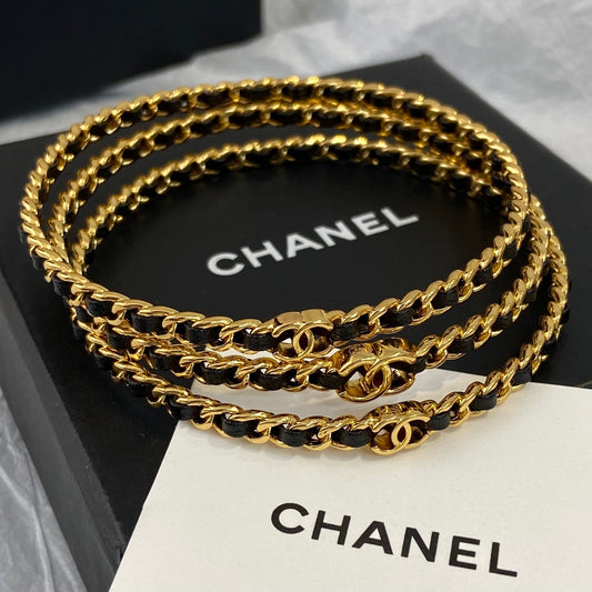 Gold Chain & Black Leather Triple Wrap Bracelet — Logo Clasp