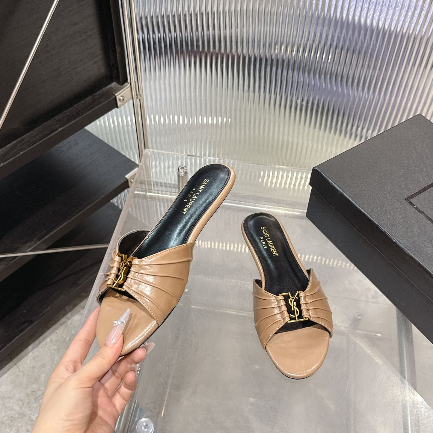 Logo Gold Hardware Flat Slide Mule — Pleated Strap