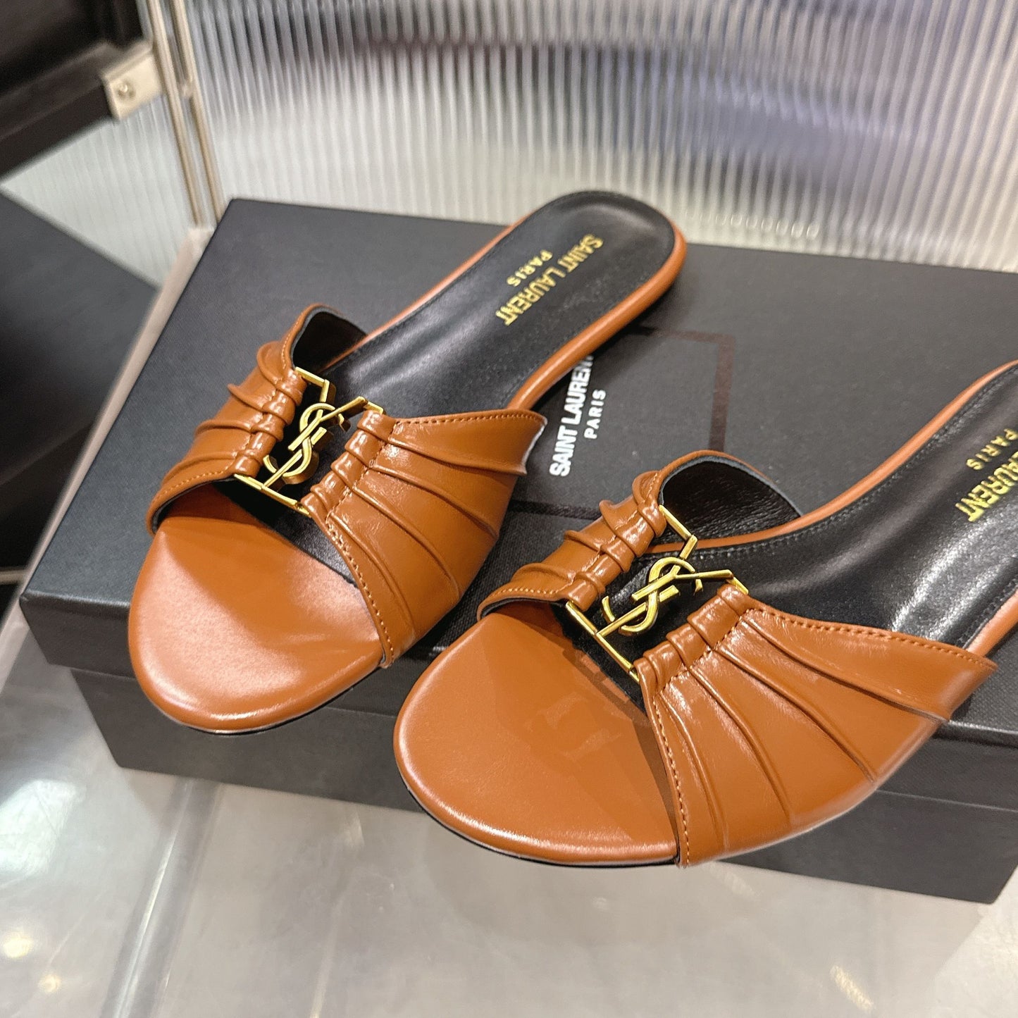 Logo Gold Hardware Flat Slide Mule — Pleated Strap