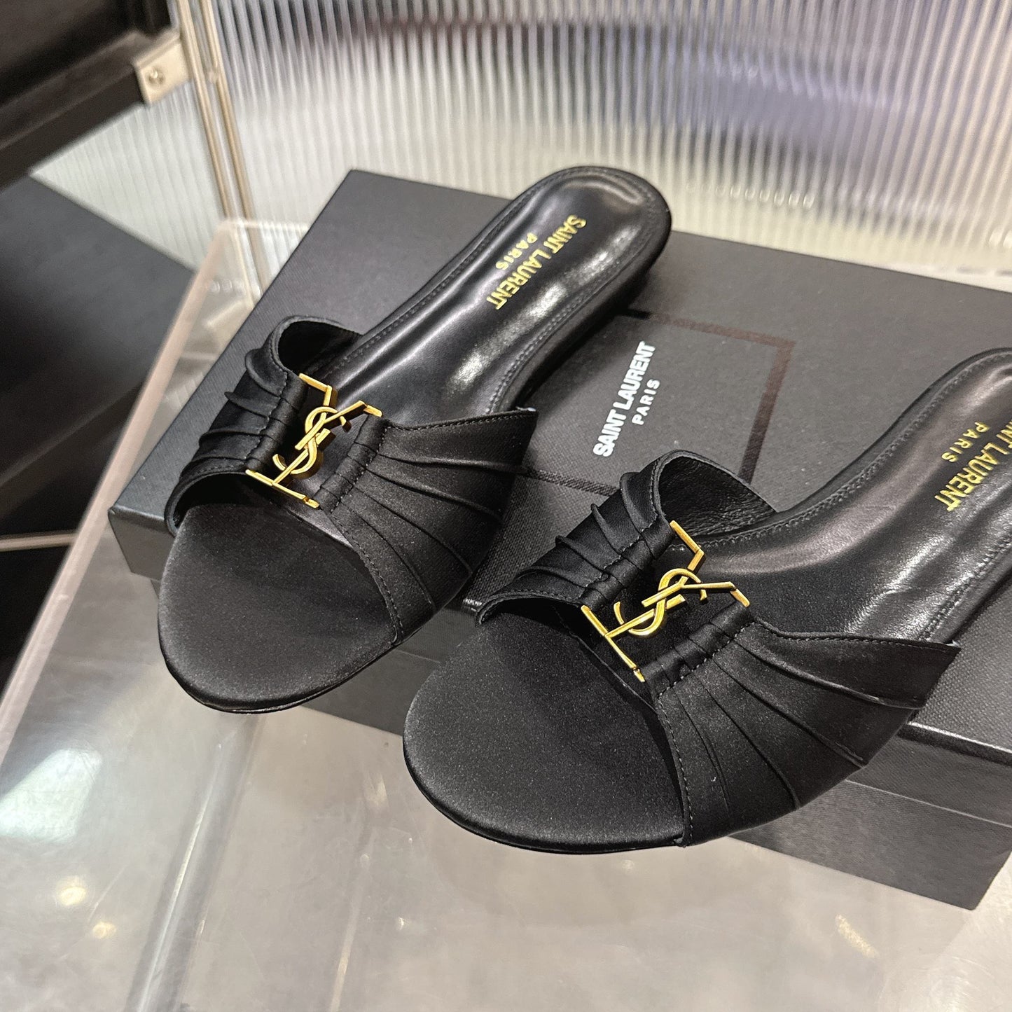 Logo Gold Hardware Flat Slide Mule — Pleated Strap