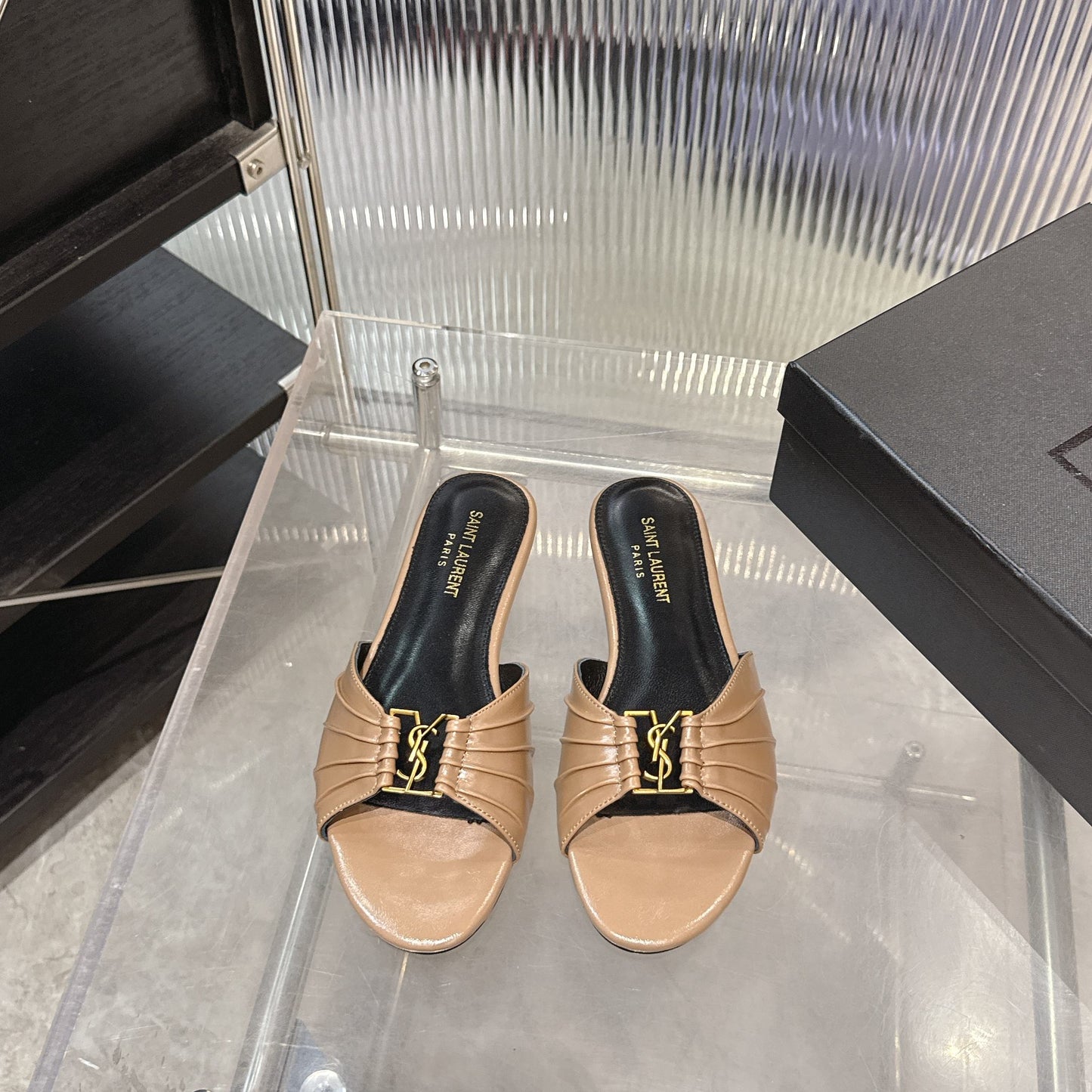 Logo Gold Hardware Flat Slide Mule — Pleated Strap