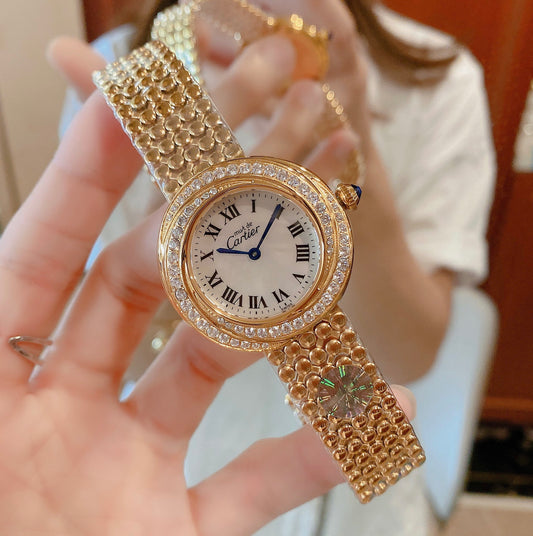 Diamond Bezel Cocktail Watch — Gold Bubble Bracelet & Roman Numeral Dial