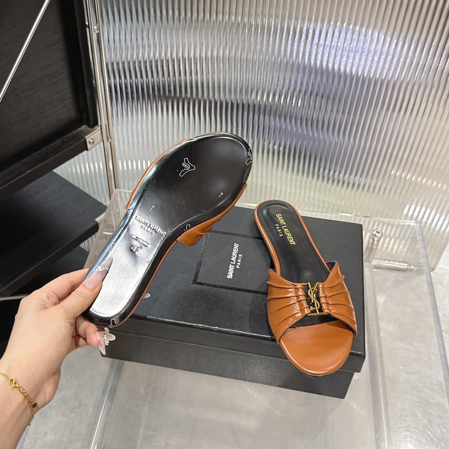 Logo Gold Hardware Flat Slide Mule — Pleated Strap