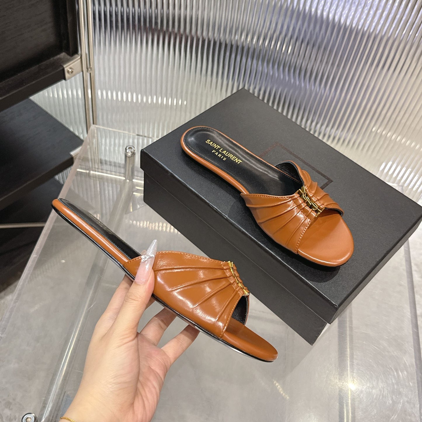 Logo Gold Hardware Flat Slide Mule — Pleated Strap