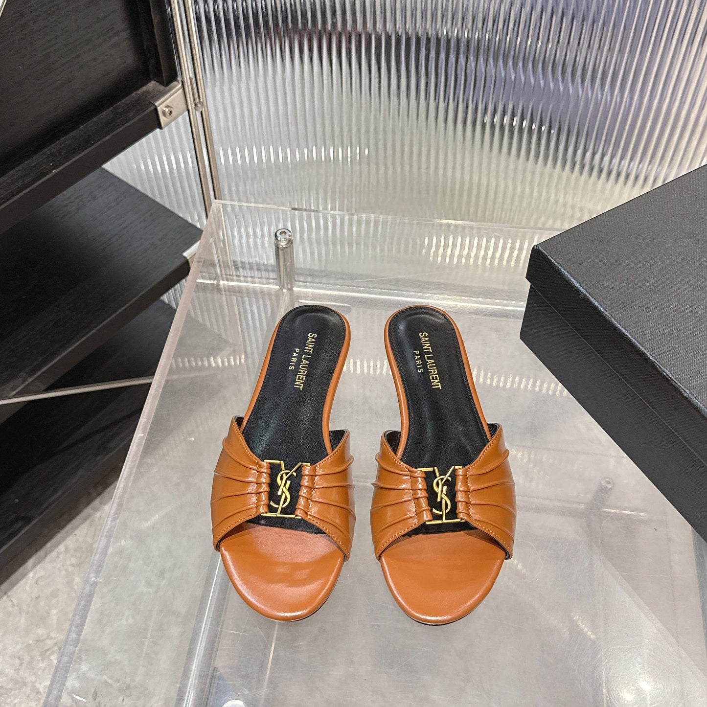 Logo Gold Hardware Flat Slide Mule — Pleated Strap