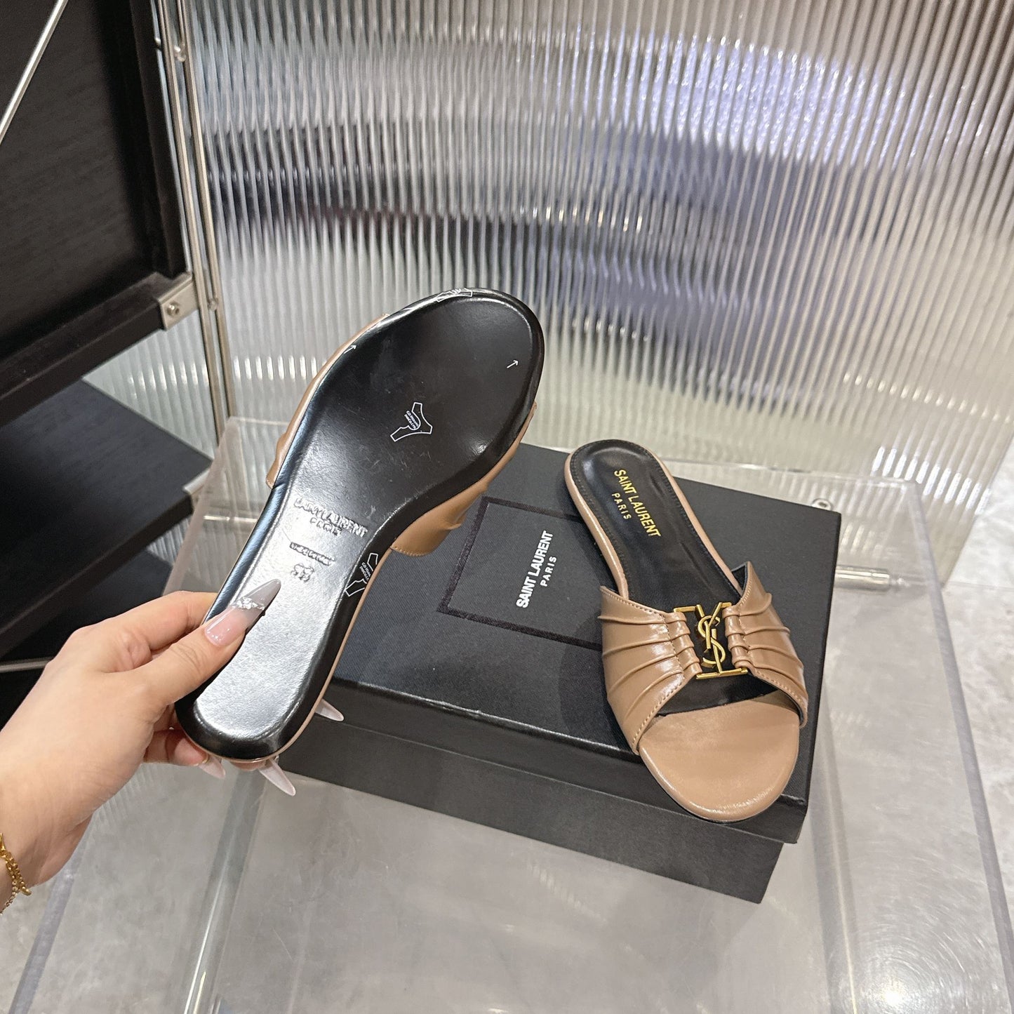 Logo Gold Hardware Flat Slide Mule — Pleated Strap