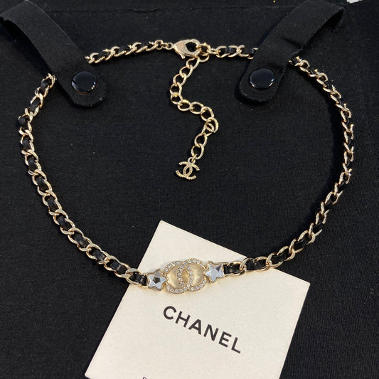 Gold Chain & Black Leather Woven Choker — Crystal Logo