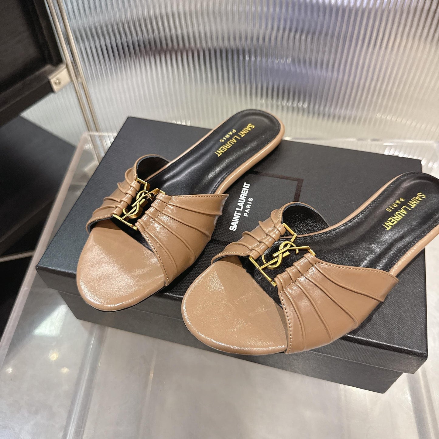 Logo Gold Hardware Flat Slide Mule — Pleated Strap