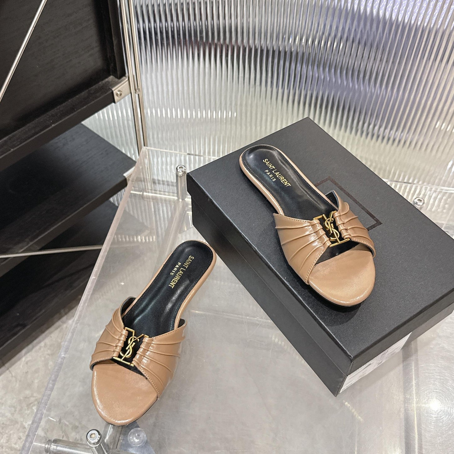 Logo Gold Hardware Flat Slide Mule — Pleated Strap