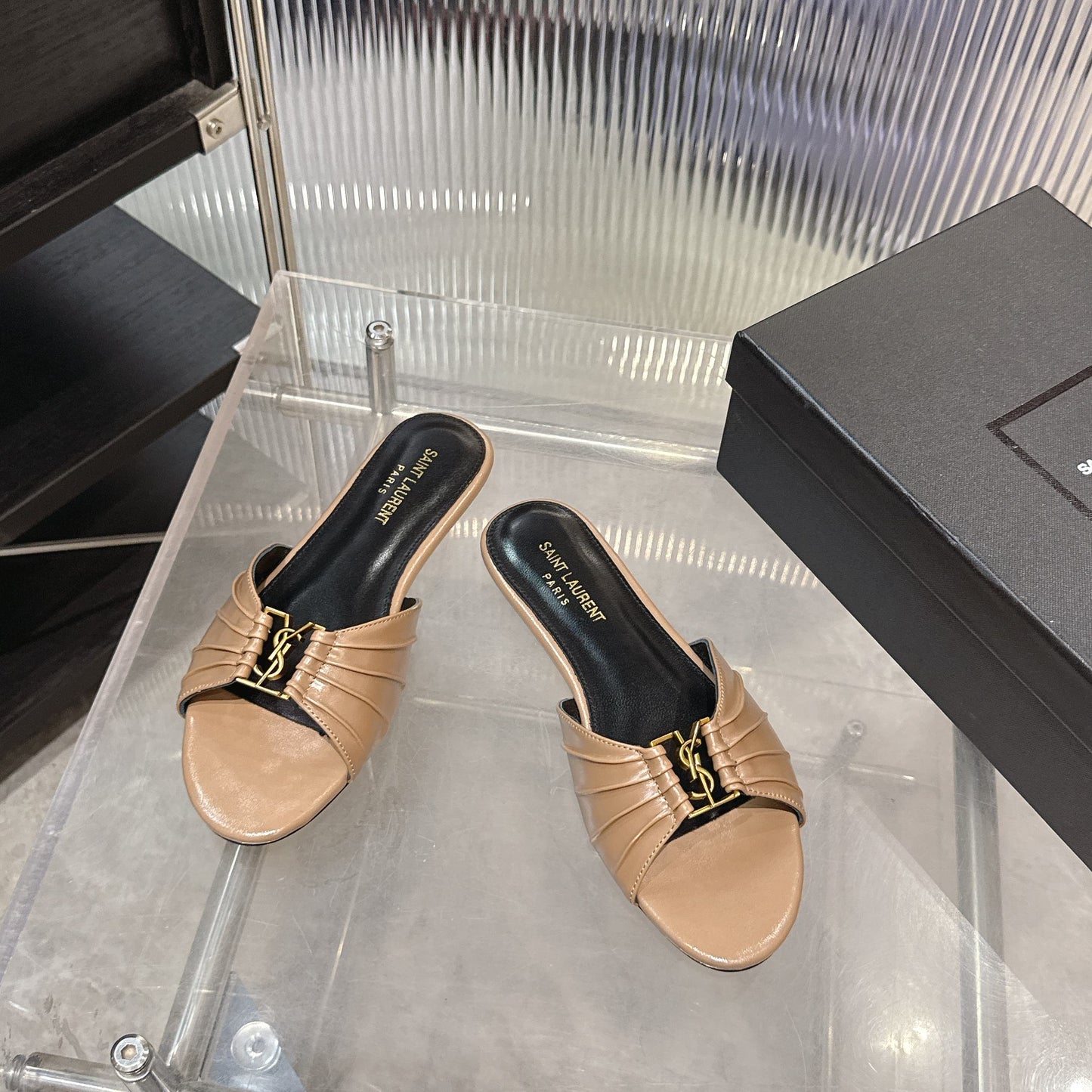 Logo Gold Hardware Flat Slide Mule — Pleated Strap