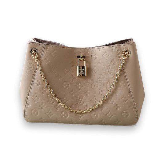 Embossed Monogram Oversized Tote Bag — Gold Chain & Lock Detail