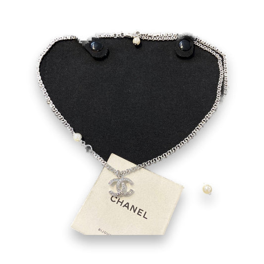 Crystal Logo Pendant Necklace — Silver Chain with Pearl & Star Charms