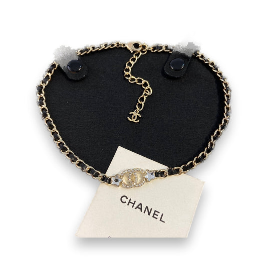 Gold Chain & Black Leather Woven Choker — Crystal Logo