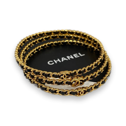Gold Chain & Black Leather Triple Wrap Bracelet — Logo Clasp