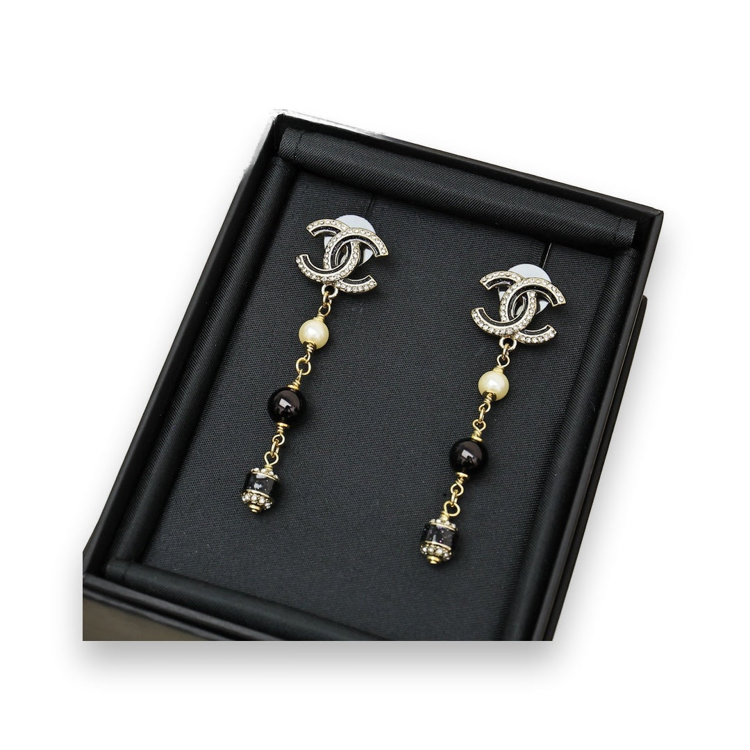 Crystal Logo Drop Earrings — Pearl & Black Bead Chain